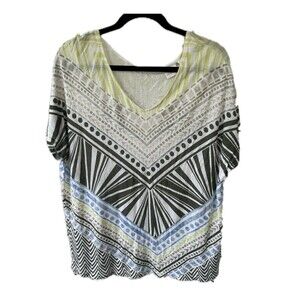 Chico's Women's Sheer Geometric Graphic Tribal Artsy Wide V Neck Blouse XL